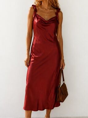 Terracotta Red Midi Satin Dress with ruffles and cowl neckline